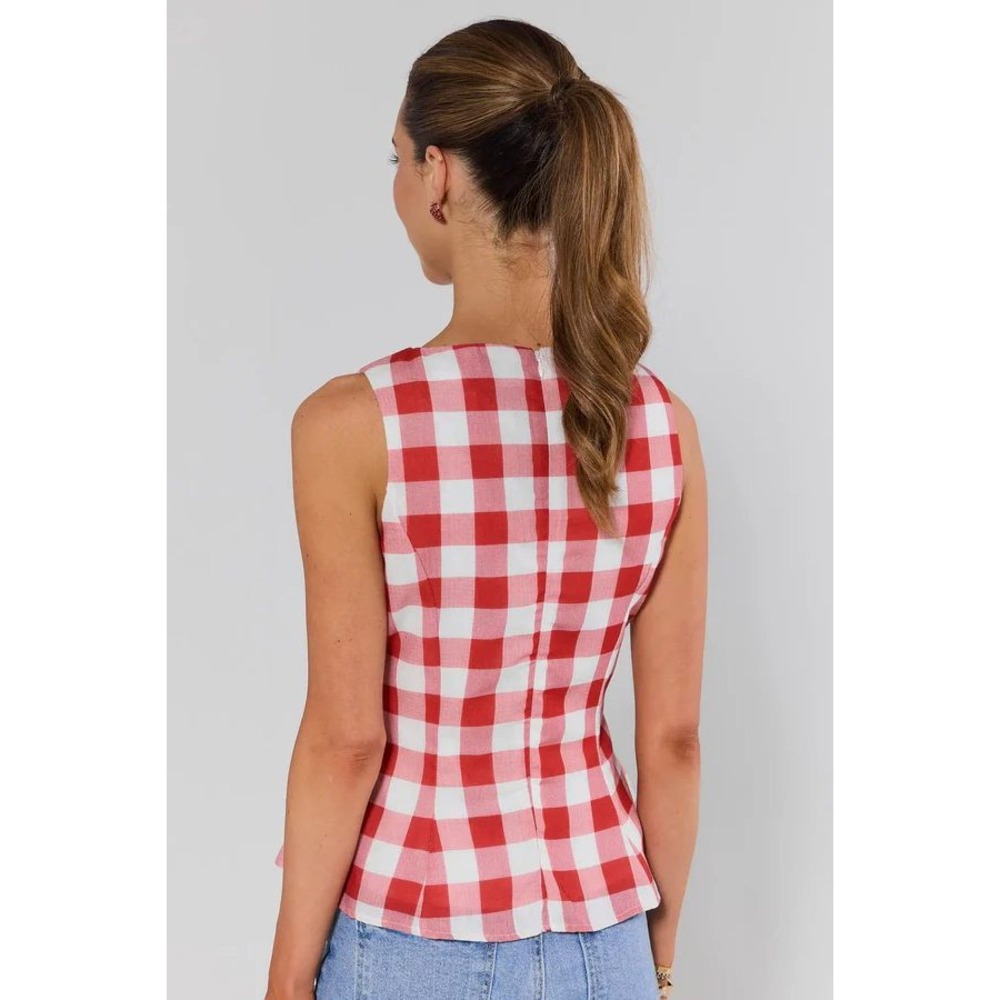 Avara Eleanor Top Red White Gingham Peplum Blouse Sleeveless NWT Medium - Picture 2 of 5